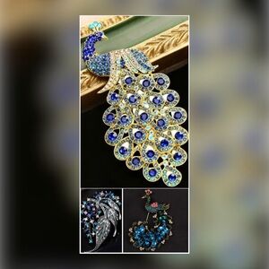 3pc Peacock Brooch Bundle Blue Crystal Feather Rhinestone Like New